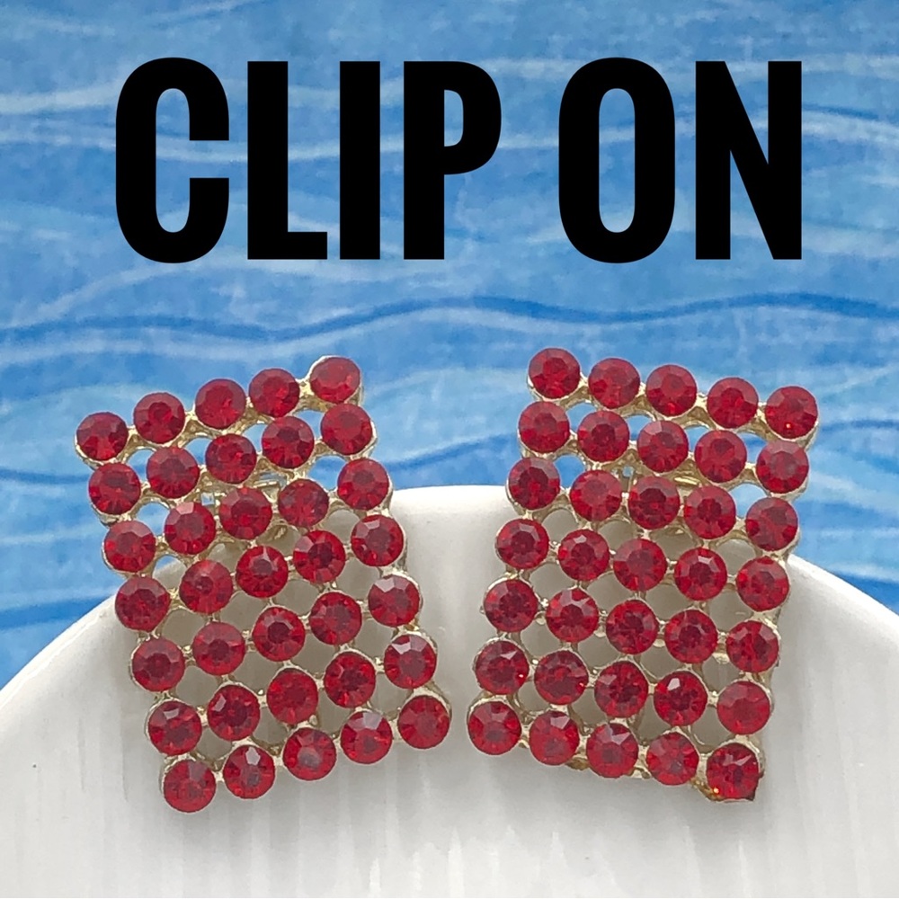 Red Rhinestone Fancy Clip On Earrings